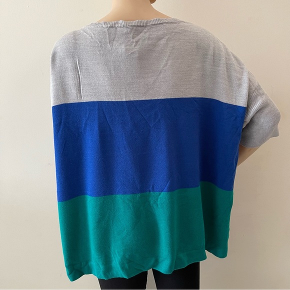 Blue and Grey Colorblock Short Sleeve Scoop Neck Knit Sweater - Picture 7 of 10